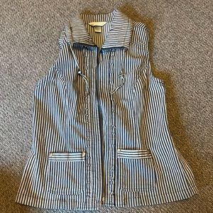 CHRISTOPHER & Banks DENIM Vest JEAN s ruffled zipper pinstriped railroad blue